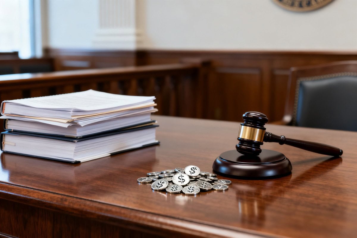 Marteau de juge, dossiers empilés et pièces au symbole dollar sur une table de tribunal en bois