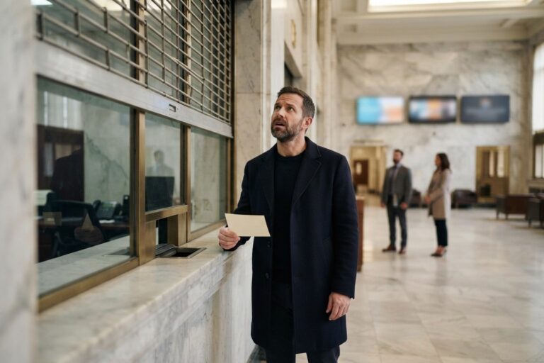 Homme en manteau sombre devant un guichet bancaire fermé par une grille, un papier à la main