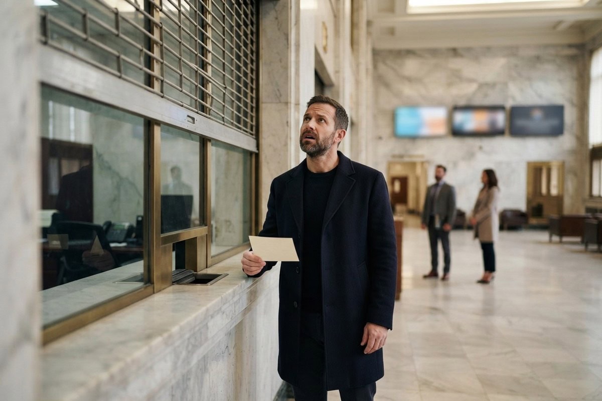 Homme en manteau sombre devant un guichet bancaire fermé par une grille, un papier à la main