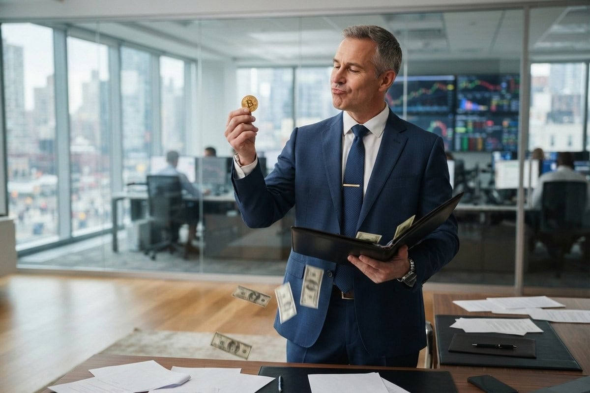 Un banquier en costume bleu admire une pièce dorée pendant que des billets s'échappent de son classeur