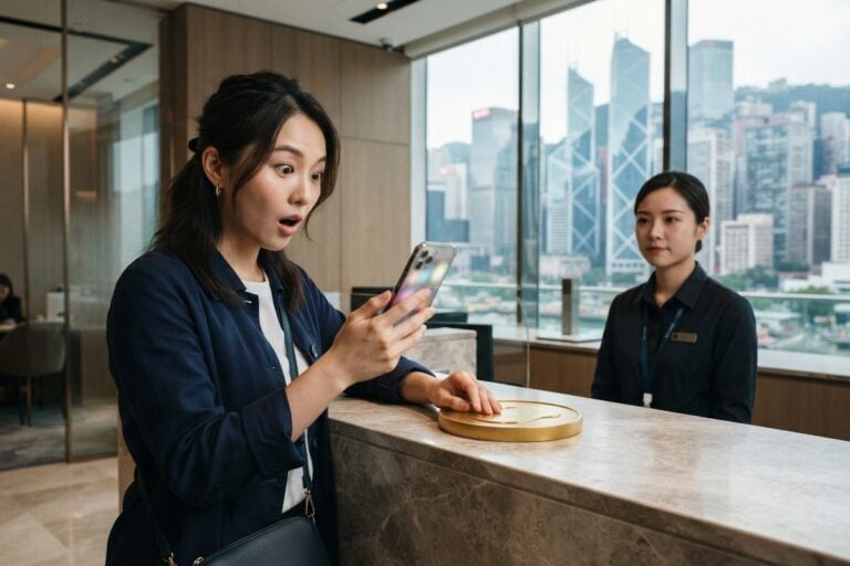 Une cliente stupéfaite regarde son smartphone au comptoir d'une banque, une pièce dorée sous la main