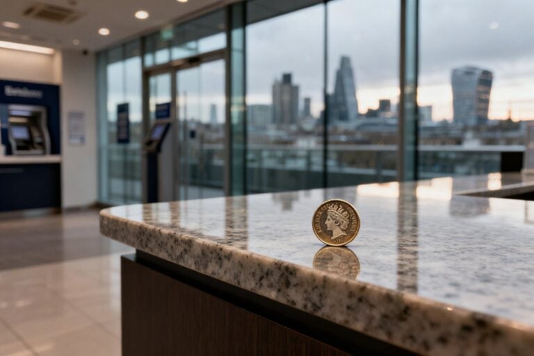 Pièce de monnaie posée sur le comptoir en granit d'un hall bancaire vitré, skyline de Londres en arrière-plan
