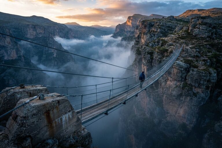 Passerelle suspendue en acier reliant deux falaises au-dessus d'un canyon empli de brume au lever du jour