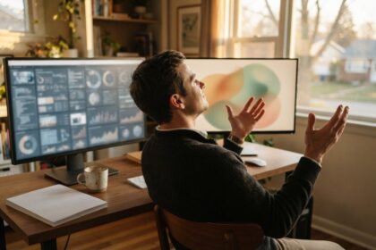 Un homme de dos écarte les bras devant deux écrans, l'un saturé de graphiques, l'autre épuré