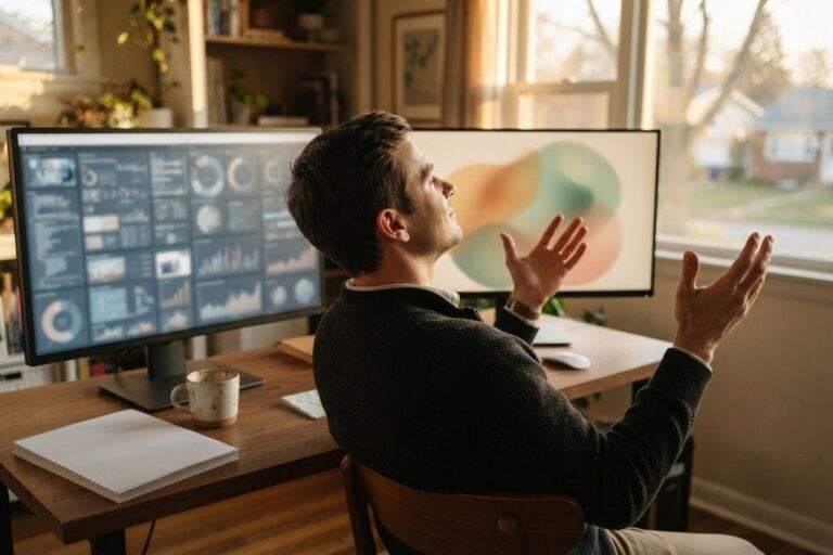 Un homme de dos écarte les bras devant deux écrans, l'un saturé de graphiques, l'autre épuré