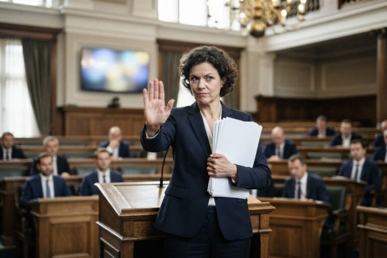 Une femme en tailleur sombre lève la paume en signe d'arrêt derrière un pupitre dans un hémicycle boisé