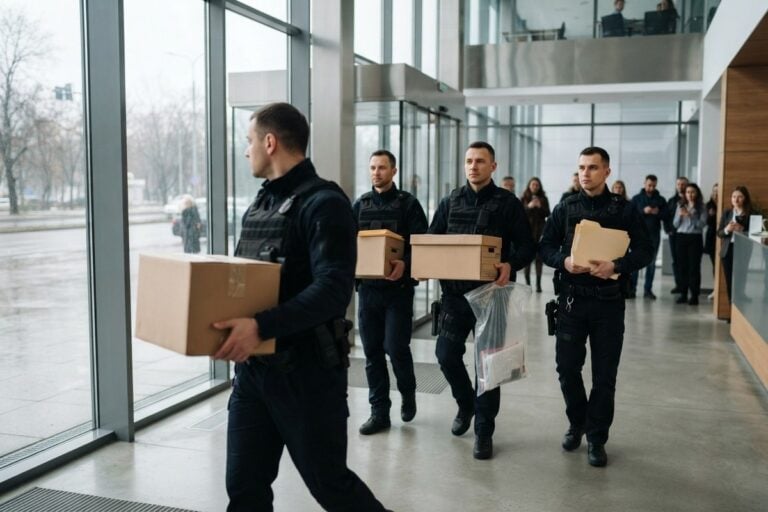 Policiers en gilet tactique traversant le hall vitré d'un immeuble de bureaux avec des cartons scellés