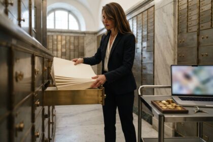 Une femme en costume range une épaisse liasse de papiers dans un tiroir de coffre-fort bancaire en marbre
