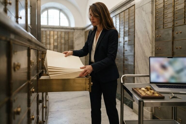 Une femme en costume range une épaisse liasse de papiers dans un tiroir de coffre-fort bancaire en marbre