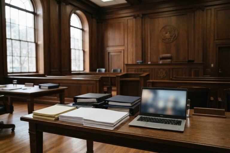 Salle d'audience américaine vide, dossiers et ordinateur portable posés sur la table des avocats