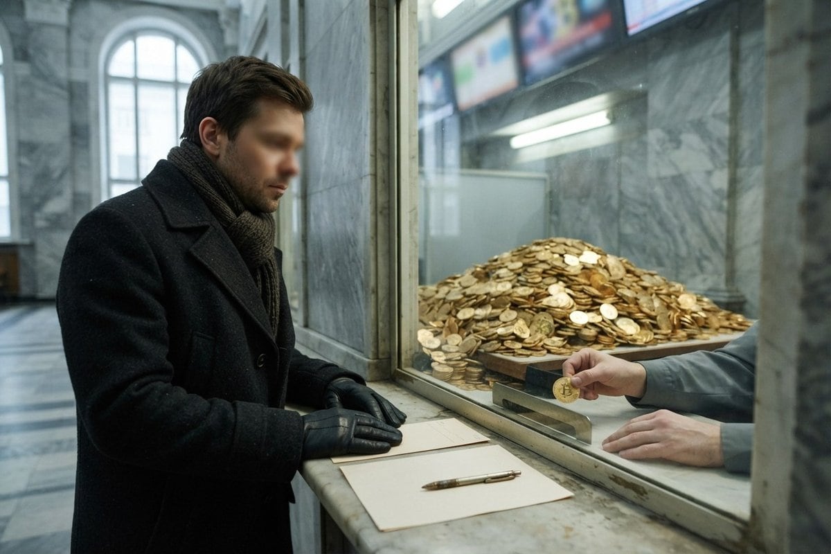 Un homme en manteau devant un guichet de marbre reçoit une seule pièce bitcoin, un monceau de pièces derrière la vitre