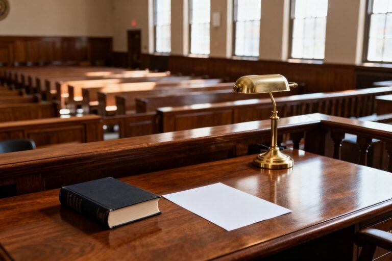 Salle d'audience boisée déserte, livre relié, feuille blanche et lampe en laiton sur un pupitre