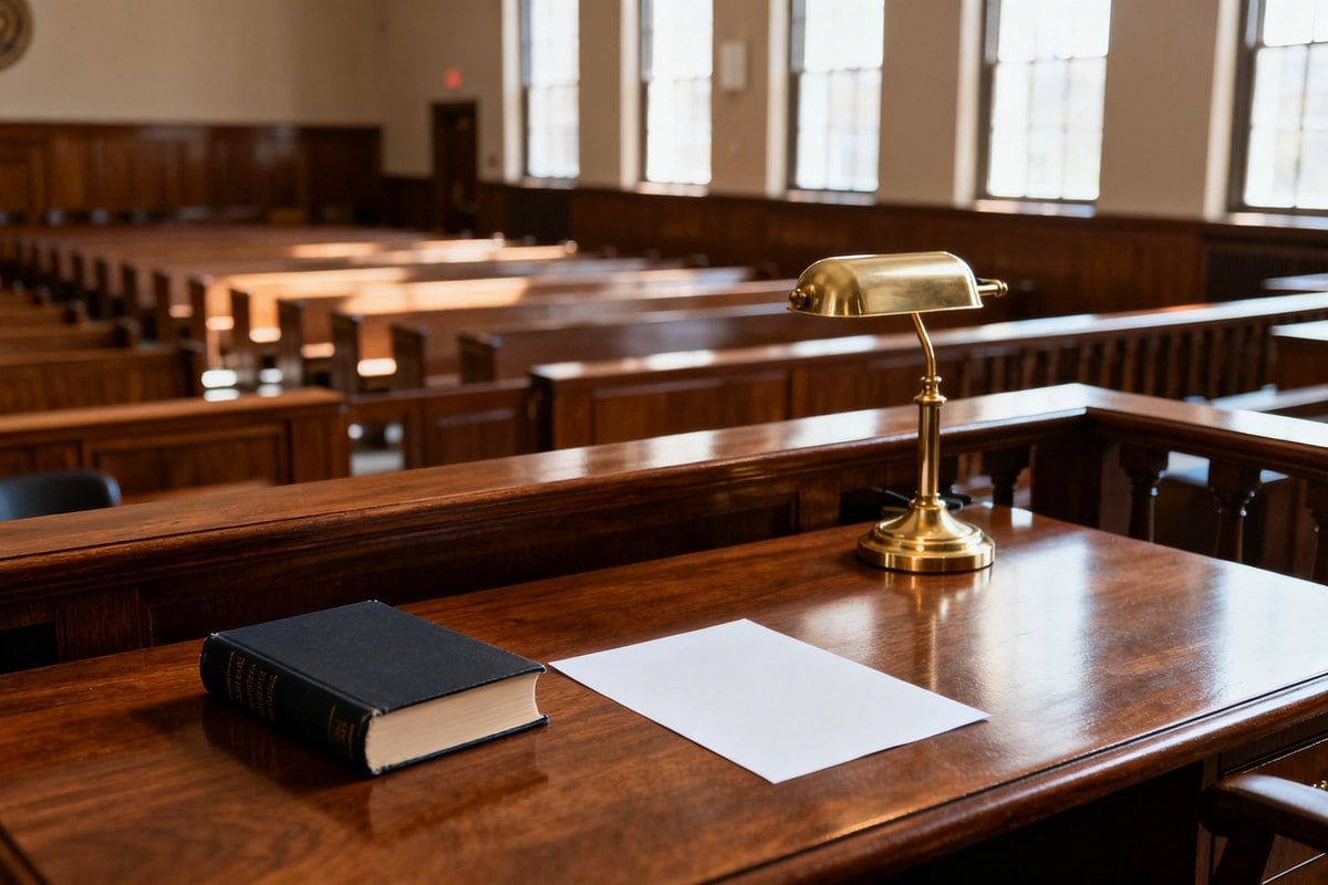 Salle d'audience boisée déserte, livre relié, feuille blanche et lampe en laiton sur un pupitre
