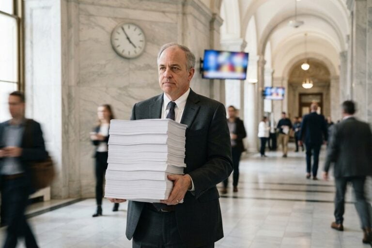 Un homme en costume porte une pile de papier blanc immense dans un hall administratif en marbre, sous une horloge.