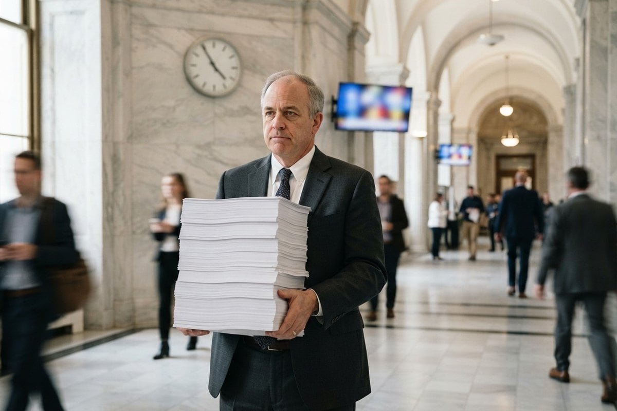 Un homme en costume porte une pile de papier blanc immense dans un hall administratif en marbre, sous une horloge.