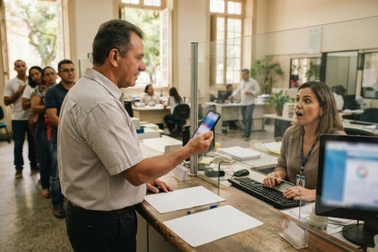 Homme tendant son smartphone vers une guichetière stupéfaite dans un service municipal des impôts
