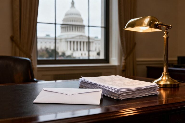 Enveloppe blanche et pile de documents sur un bureau en bois, lampe en laiton et Capitole flou par la fenêtre