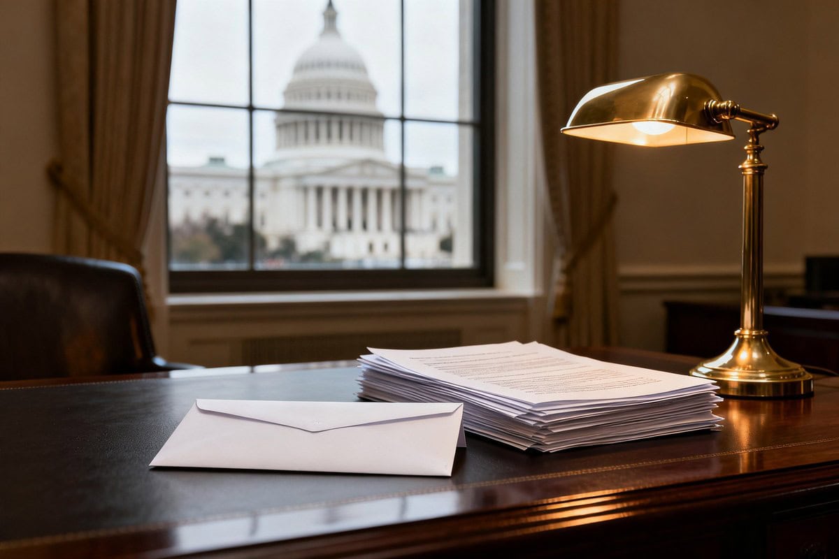 Enveloppe blanche et pile de documents sur un bureau en bois, lampe en laiton et Capitole flou par la fenêtre
