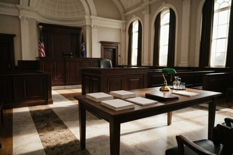 Salle d'audience américaine déserte, piles de documents vierges posées sur la table des avocats
