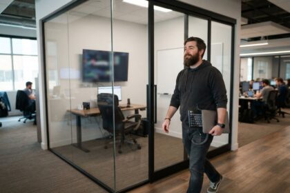 Homme barbu en sweat à capuche quittant un bureau vitré, clavier et ordinateur portable sous le bras