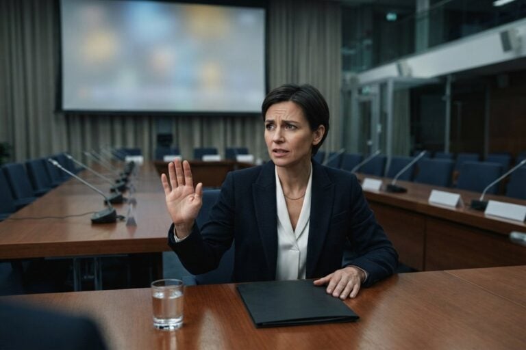 Une femme en veste sombre lève la main en signe d'arrêt, seule à une table de conférence bordée de micros