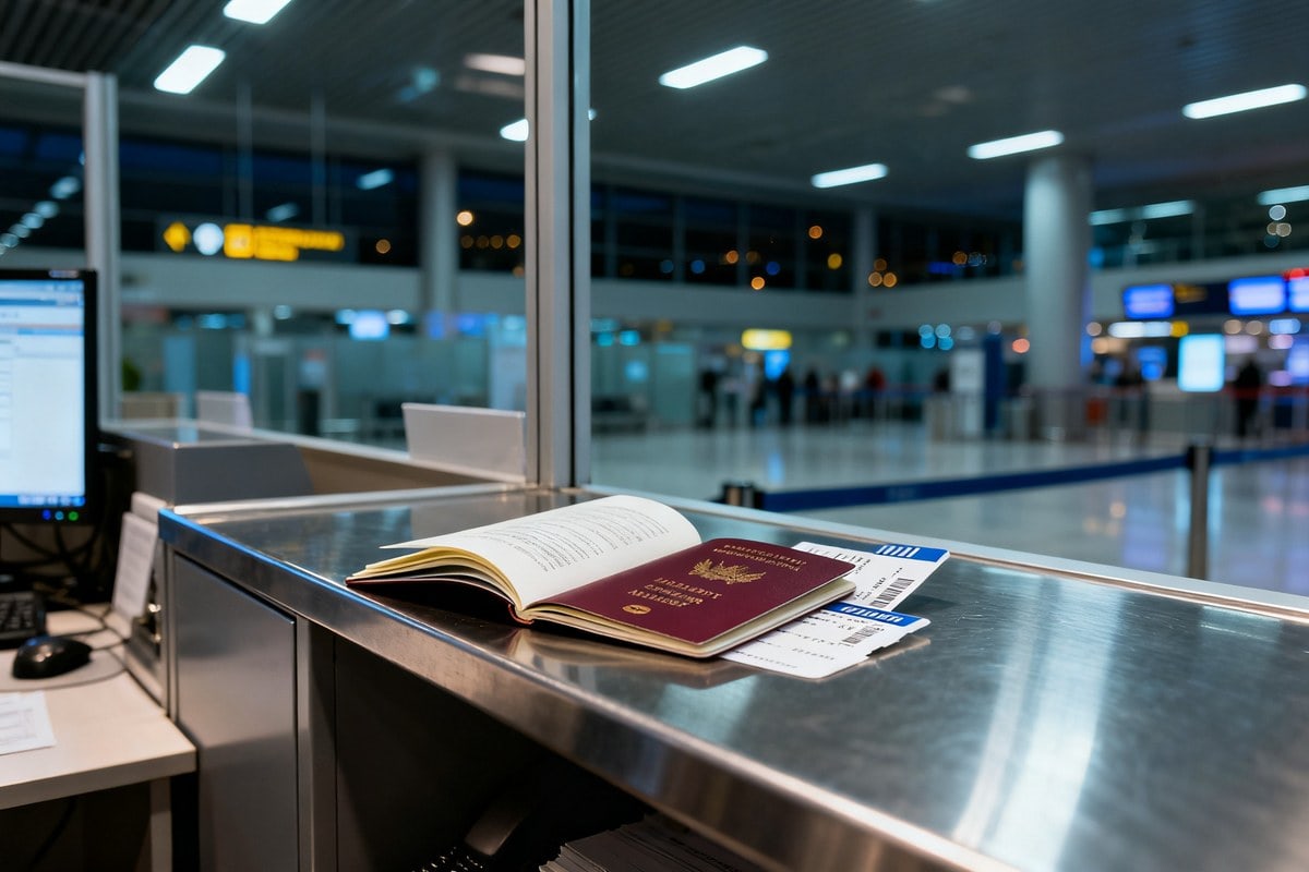 Passeport ouvert et carte d'embarquement posés sur le comptoir métallique d'un poste de contrôle d'aéroport