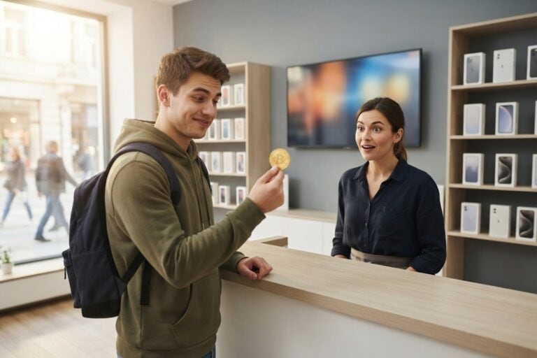 Un client tend une pièce dorée frappée du symbole bitcoin à une vendeuse, dans une boutique de téléphonie