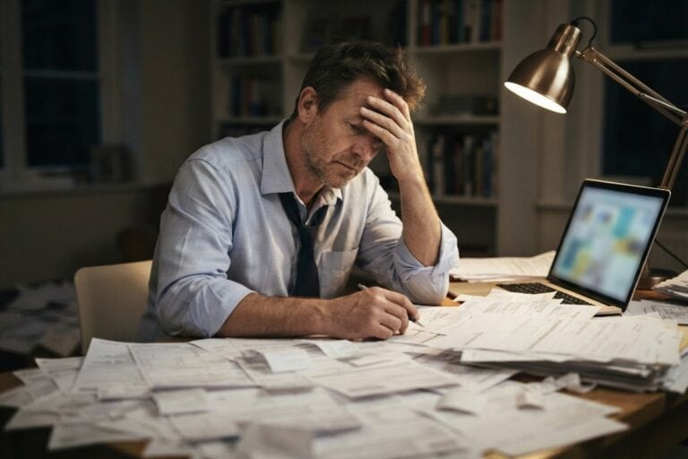 Homme en chemise assis à un bureau la nuit, la tête dans la main, submergé de papiers administratifs éparpillés