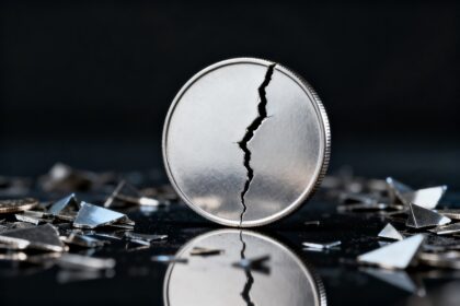Pièce d'argent lisse fendue en deux, dressée sur une surface sombre parmi des éclats métalliques
