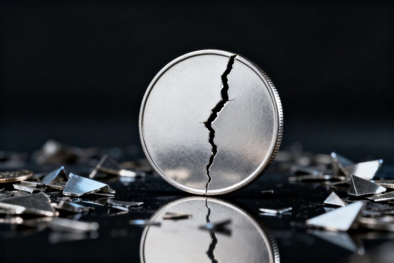 Pièce d'argent lisse fendue en deux, dressée sur une surface sombre parmi des éclats métalliques