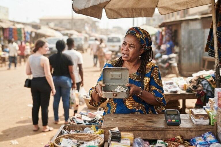 Commerçante d'un marché ouest-africain montrant une caisse presque vide, un terminal de paiement posé à côté d'elle