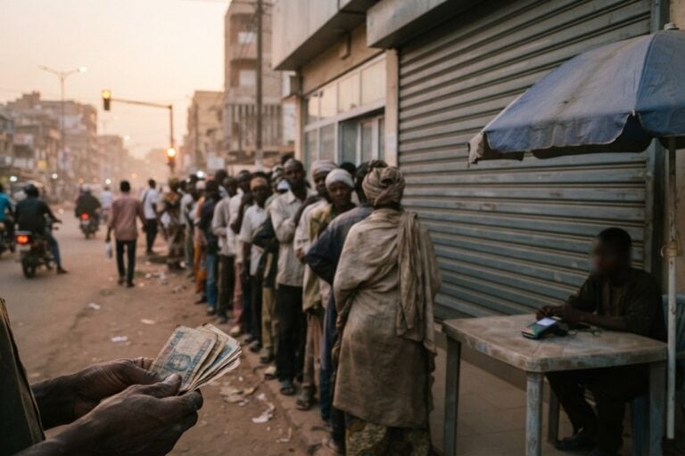 File d'attente devant un rideau métallique baissé dans une rue africaine, billets usés comptés au premier plan