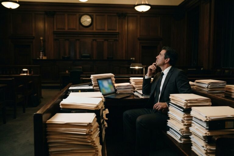 Un avocat seul dans une salle d'audience vide la nuit, entouré de piles de dossiers, regarde l'horloge