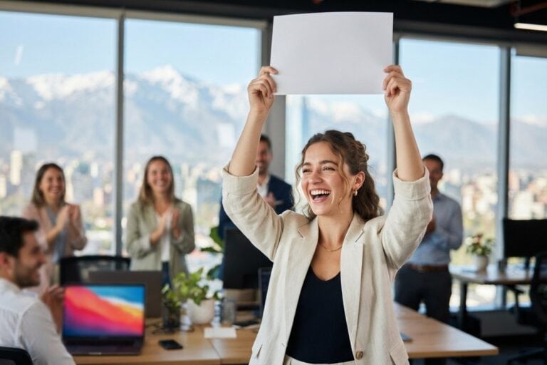 Jeune femme en blazer clair brandissant une feuille blanche dans un bureau, Andes enneigées au loin