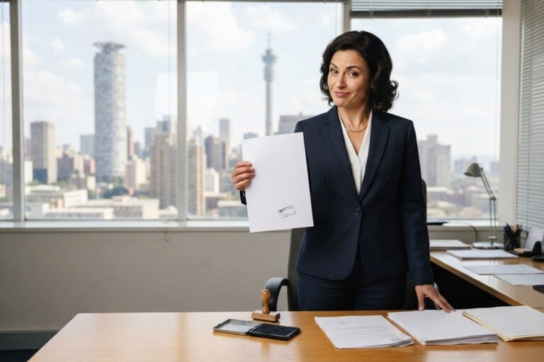 Une femme en tailleur sombre brandit une feuille tamponnée dans un bureau, gratte-ciel de Johannesburg derrière