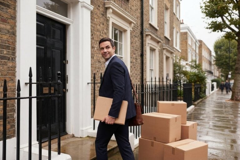 Homme en costume marine devant la porte noire d'une maison londonienne, cartons de déménagement sur le trottoir