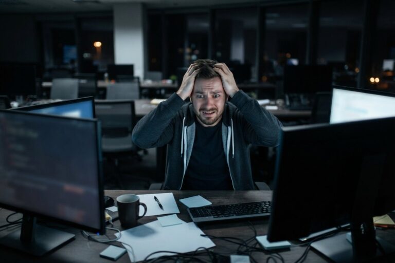 Un développeur se tient la tête à deux mains devant ses écrans, la nuit, dans un bureau vide