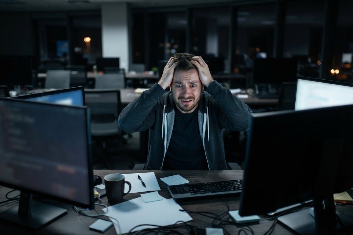 Un développeur se tient la tête à deux mains devant ses écrans, la nuit, dans un bureau vide