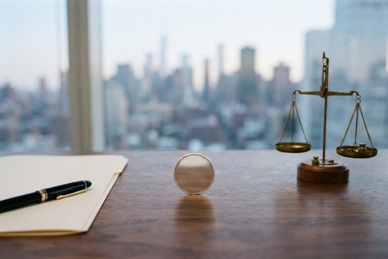 Pièce d'argent lisse posée sur un bureau, balance en laiton et vue floue sur les gratte-ciel de Manhattan