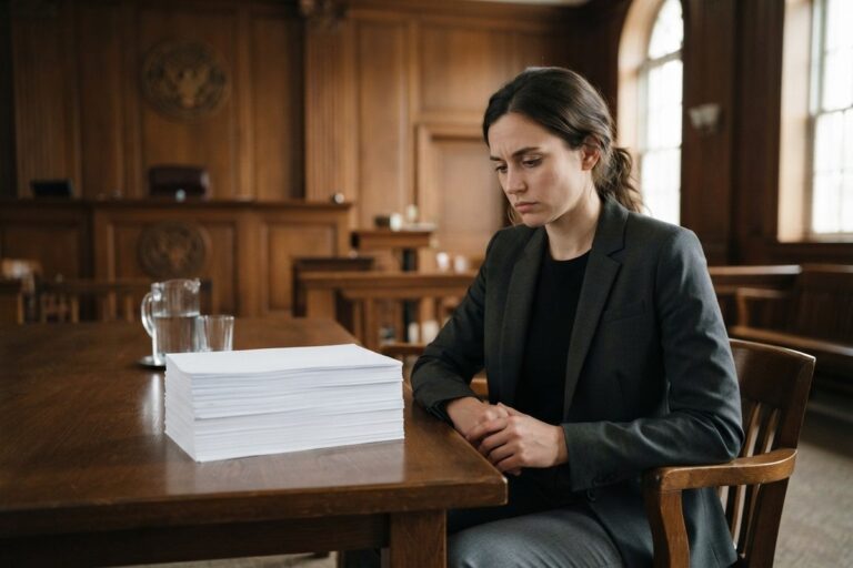 Jeune femme en tailleur sombre assise seule à une table de salle d'audience devant une haute pile de feuilles blanches