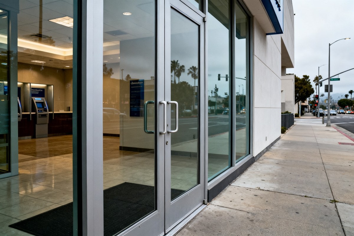 Entrée vitrée d'une agence bancaire déserte, distributeurs automatiques visibles à l'intérieur