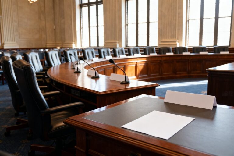 Salle d'audition parlementaire vide, estrade en bois courbe, micros et chevalets de nom vierges