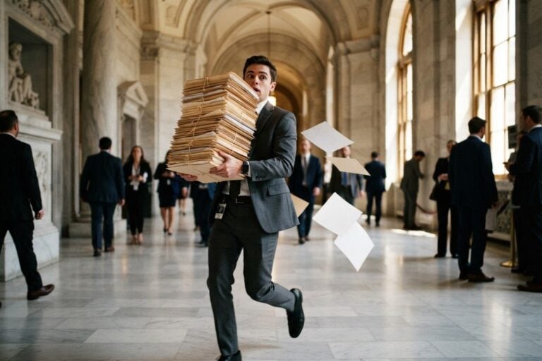 Un collaborateur parlementaire court dans un couloir de marbre avec une pile de dossiers, des feuilles s'envolent