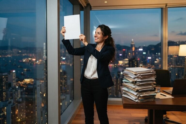 Une femme en tailleur brandit une feuille blanche devant les gratte-ciel d'une ville asiatique de nuit