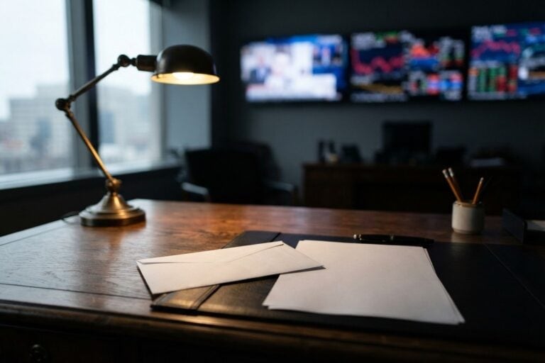 Enveloppe scellée et feuilles blanches sur un bureau de magistrat, écrans financiers flous en arrière-plan