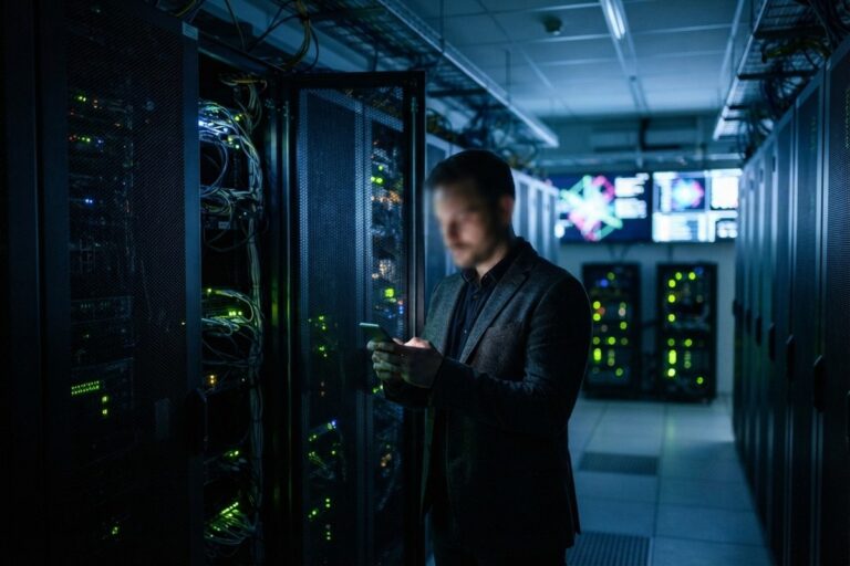 Homme en veste sombre consultant son téléphone dans une allée de serveurs éclairée en bleu