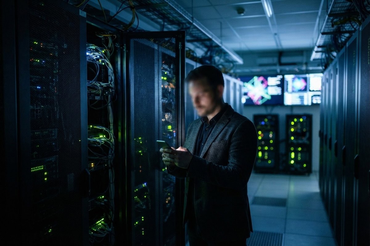 Homme en veste sombre consultant son téléphone dans une allée de serveurs éclairée en bleu