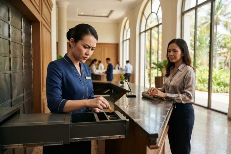 Une employée de banque dépose une pièce dorée dans un coffre à tiroirs, une cliente attend au comptoir