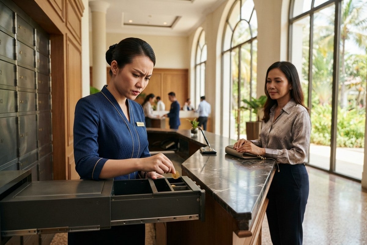Une employée de banque dépose une pièce dorée dans un coffre à tiroirs, une cliente attend au comptoir