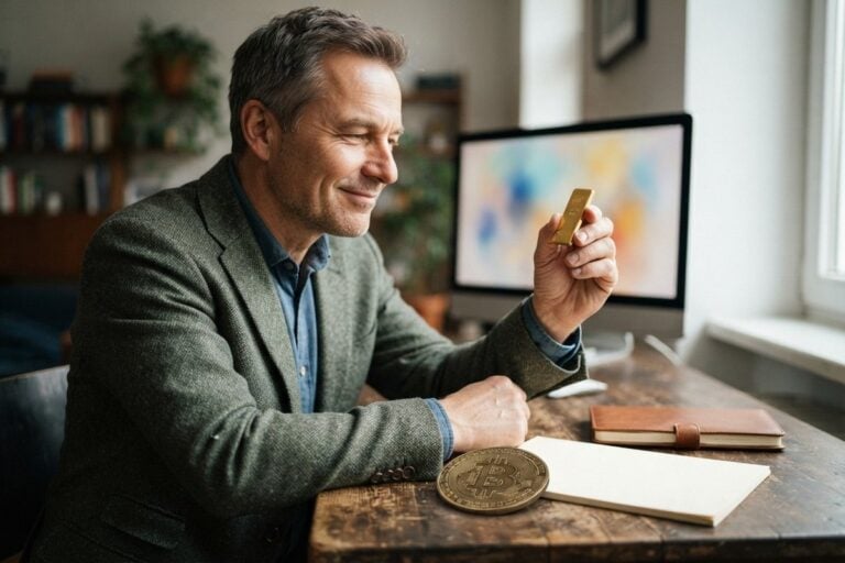 Un homme souriant élève un petit lingot d'or à la lumière, une pièce de bitcoin posée à plat sur son bureau